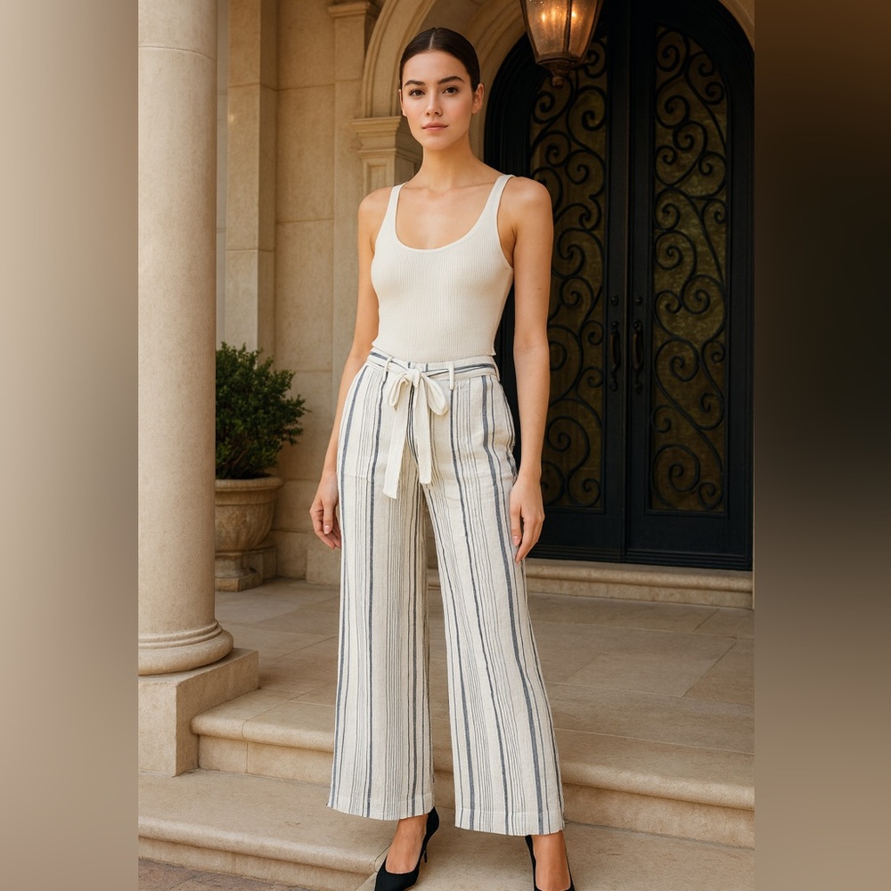 BCBGMAXAZRIA WHITE BLUE LINEN WIDE PANTS
